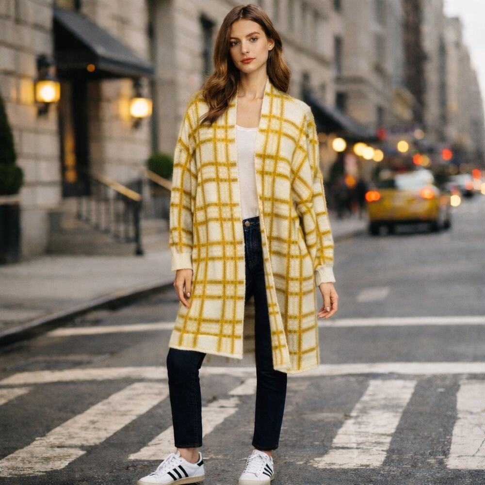 Long Plaid Cardigan Coat Womens XL Yellow Knit Oversized Statement Jacket